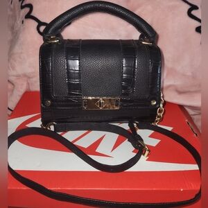 Primark Black and Gold Crossbody Bag with Croc-Embossed Design